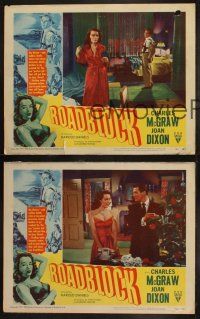 5c837 ROADBLOCK 3 LCs '51 Charles McGraw & Joan Dixon in crime film noir, great border art!