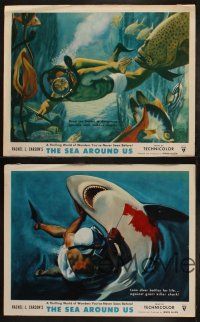5c762 SEA AROUND US 4 LCs '53 really cool artwork images of scuba divers and undersea creatures!