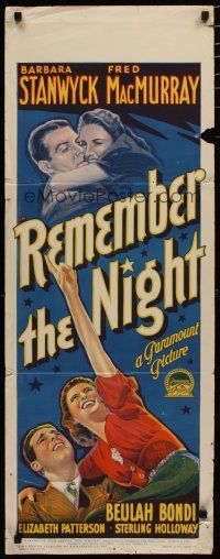 5e059 REMEMBER THE NIGHT long Aust daybill '40 Richardson Studio art of Stanwyck & MacMurray!
