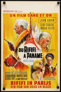 5e438 UPPER HAND Belgian '67 cool art of Jean Gabin with gun & boxer dog by Eiffel Tower!