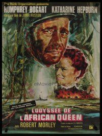 5e448 AFRICAN QUEEN French 23x32 R60s colorful montage art of Humphrey Bogart & Katharine Hepburn!