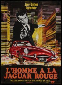5e458 DEATH IN THE RED JAGUAR French 23x32 '70 cool Saukoff art of George Nader with gun over car!