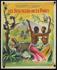 5e516 MASTERS OF THE CONGO JUNGLE French 15x21 '60 Grinsson art with topless natives & wildlife!