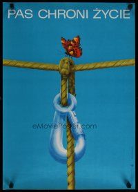 5e327 PAS CHRONI ZYCIE Polish 19x27 '76 art of butterfly on safety rope & carabiner!