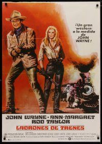 5e114 TRAIN ROBBERS Spanish '75 great full-length art of cowboy John Wayne & sexy Ann-Margret!