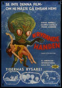 5e074 INVASION OF THE SAUCER MEN Swedish '61 best art of cabbage head alien & sexy girl + photos!