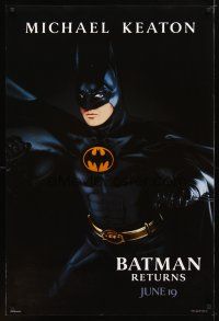 5f087 BATMAN RETURNS dated teaser 1sh '92 cool image of Michael Keaton as Batman!