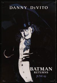 5f086 BATMAN RETURNS dated teaser 1sh '92 close-up of Danny DeVito as the Penguin, Tim Burton!