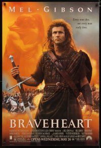 5f130 BRAVEHEART advance 1sh '95 cool image of Mel Gibson as William Wallace!