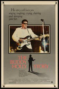 5f139 BUDDY HOLLY STORY 1sh '78 great image of Gary Busey performing on stage with guitar!