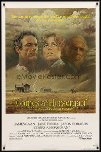 5f179 COMES A HORSEMAN 1sh '78 cool art of James Caan, Jane Fonda & Jason Robards in the sky!