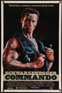 5f180 COMMANDO 1sh '85 Arnold Schwarzenegger is going to make someone pay!