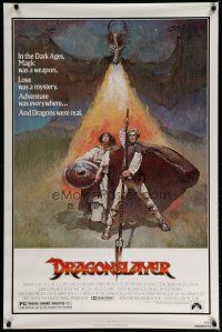 5f263 DRAGONSLAYER 1sh '81 cool Jeff Jones fantasy artwork of Peter MacNicol w/spear & dragon!