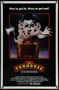 5f323 FUNHOUSE 1sh '81 Tobe Hooper, creepy carnival clown jack-in-the-box with axe horror image!
