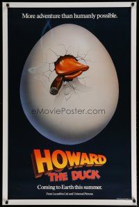 5f391 HOWARD THE DUCK teaser 1sh '86 George Lucas, great art of hatching egg with cigar in mouth!