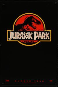 5f439 JURASSIC PARK red teaser 1sh '93 Spielberg, Richard Attenborough re-creates dinosaurs!