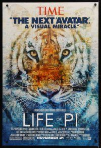 5f479 LIFE OF PI style B advance DS 1sh '12 Suraj Sharma, Irrfan Khan, cool collage image of tiger!