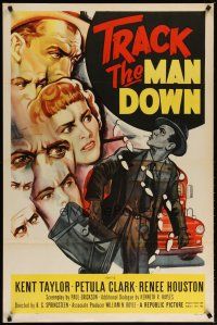 5f770 TRACK THE MAN DOWN 1sh '55 cool art of detective Kent Taylor tracing footsteps, Petula Clark