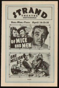 5g136 STRAND THEATRE herald '40 Of Mice & Men, One Million B.C., Young Tom Edison & more!