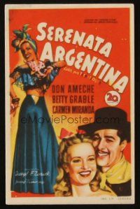5g174 DOWN ARGENTINE WAY Spanish herald '50 Soligo art of Ameche, Betty Grable & Carmen Miranda!
