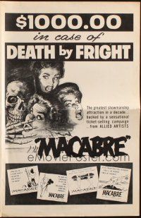 5g737 MACABRE pressbook '58 William Castle, $1000 in case of DEATH by FRIGHT!