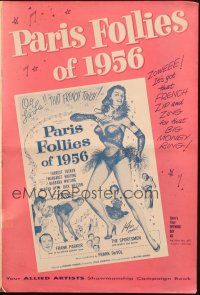 5g817 PARIS FOLLIES OF 1956 pressbook '56 great artwork of super sexy French showgirl!