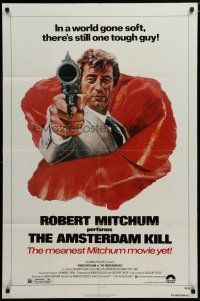5h036 AMSTERDAM KILL 1sh '78 John Solie artwork of tough guy Robert Mitchum pointing revolver!