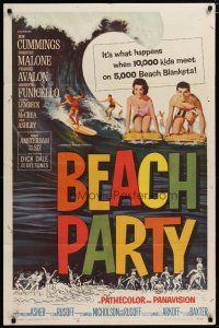 5h078 BEACH PARTY 1sh '63 Frankie Avalon & Annette Funicello riding a wave on surf boards!