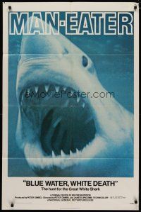 5h120 BLUE WATER, WHITE DEATH 1sh '71 cool super close image of great white shark with open mouth!