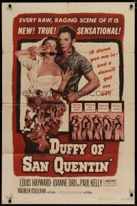 5h256 DUFFY OF SAN QUENTIN 1sh '54 Louis Hayward holds sexy nurse hostage, prison escape artwork!