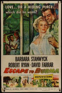 5h280 ESCAPE TO BURMA 1sh '55 romantic art of Robert Ryan & Barbara Stanwyck in India!