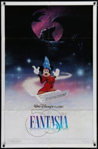 5h295 FANTASIA DS 1sh R90 great image of Sorcerer's Apprentice Mickey Mouse, Disney classic!