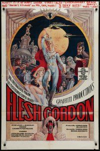 5h316 FLESH GORDON 1sh '74 sexy sci-fi spoof, wacky erotic super hero art by George Barr!