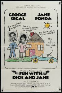 5h340 FUN WITH DICK & JANE 1sh '77 George Segal, Jane Fonda, great child's drawing poster art!