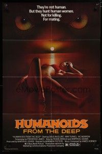 5h440 HUMANOIDS FROM THE DEEP 1sh '80 classic art of eyes looming over sexy girl on beach!