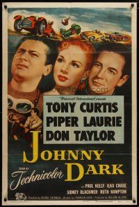 5h474 JOHNNY DARK 1sh '54 Tony Curtis, Piper Laurie, Don Taylor, cool car racing art!