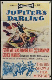 5h485 JUPITER'S DARLING 1sh '55 great art of sexy Esther Williams & Howard Keel on chariot!