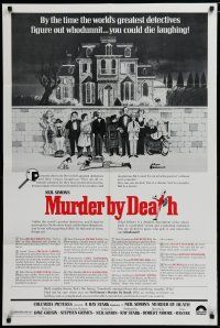 5h601 MURDER BY DEATH 1sh '76 great Charles Addams artwork of cast by dead body & spooky house!