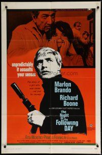 5h625 NIGHT OF THE FOLLOWING DAY 1sh '69 Marlon Brando, Richard Boone, it assaults your senses!