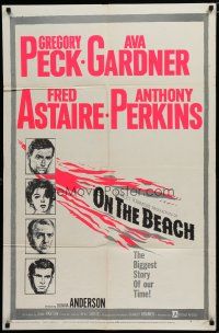 5h638 ON THE BEACH 1sh '59 art of Gregory Peck, Ava Gardner, Fred Astaire & Anthony Perkins!