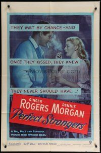 5h669 PERFECT STRANGERS 1sh '50 artwork of pretty Ginger Rogers smoking with Dennis Morgan!