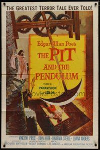 5h684 PIT & THE PENDULUM 1sh '61 Poe's greatest terror tale, horror horror art!