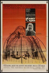5h685 PLANET OF THE APES 1sh '68 Charlton Heston, classic sci-fi, cool art of caged humans!