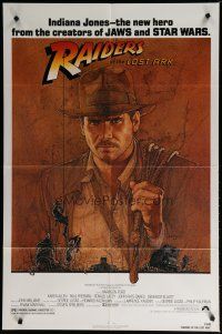 5h716 RAIDERS OF THE LOST ARK 1sh '81 great artwork of Harrison Ford by Richard Amsel!