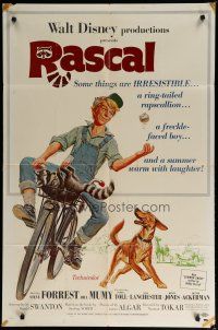 5h719 RASCAL 1sh '69 Walt Disney, great art of Bill Mumy on bike with raccoon & dog!