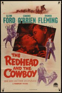 5h723 REDHEAD & THE COWBOY 1sh '51 great romantic super close up of Glenn Ford & Rhonda Fleming!