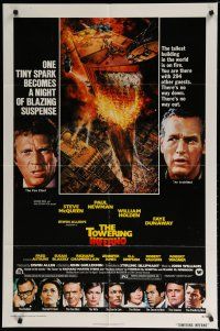 5h908 TOWERING INFERNO 1sh '74 McQueen, Paul Newman, art of burning building by John Berkey!