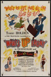 5h960 WHAT'S UP FRONT 1sh '64 Tommy Holden as bra salesman, wacky & sexy artwork!