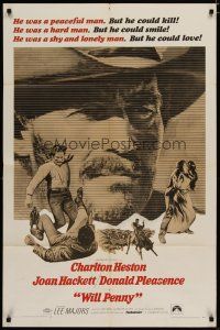 5h973 WILL PENNY 1sh '68 close up of cowboy Charlton Heston, Joan Hackett, Donald Pleasance