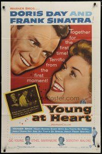 5h995 YOUNG AT HEART 1sh '54 great close up image of Doris Day & Frank Sinatra!